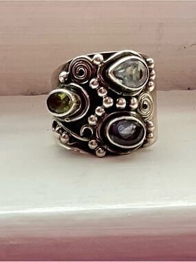 Sterling Silver Multi-Stone Teardrop Ring - blue and purple